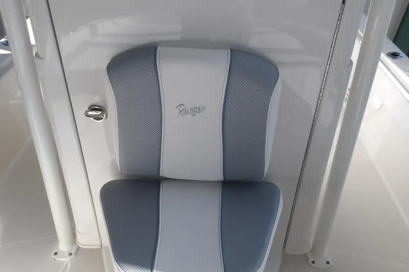 Slide: The Image of 2026 Ranger 2360 Bay boat seat with gray and white upholstery. - 18