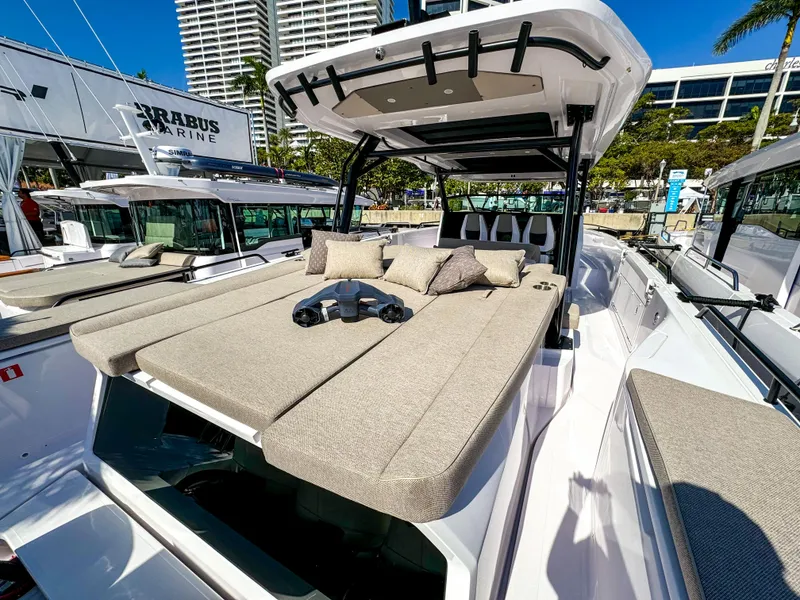 Slide: The Image of 2024 Axopar 45 ST BRABUS Trim Mediterrana luxury boat with sunbed and cushions. - 4