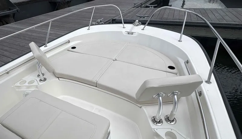 Slide: The Image of Interior view of the 2025 Boston Whaler 210 Montauk boat deck. - 2