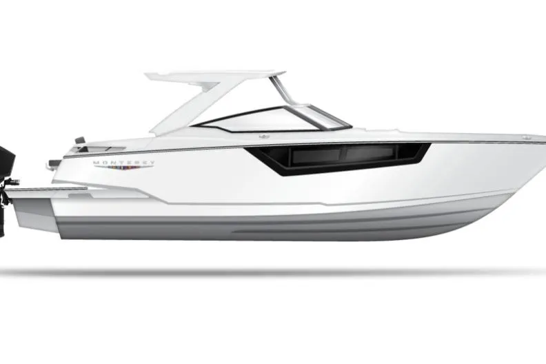 Slide: The Image of 2026 Monterey 385SS Super Sport boat, sleek white design, side view. - 11