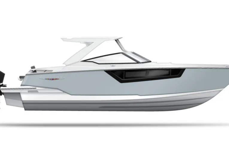 Slide: The Image of 2026 Monterey 385SS Super Sport boat, sleek design, side view, white and gray exterior. - 5
