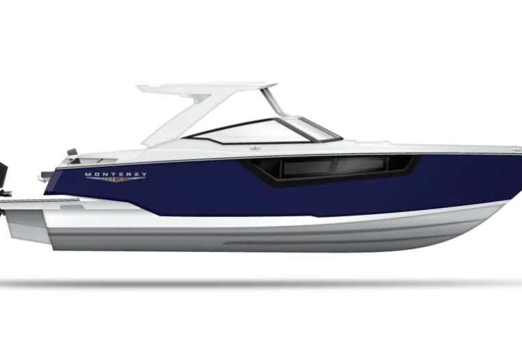 Slide: The Image of 2026 Monterey 385SS Super Sport boat, sleek design, blue and white exterior. - 6