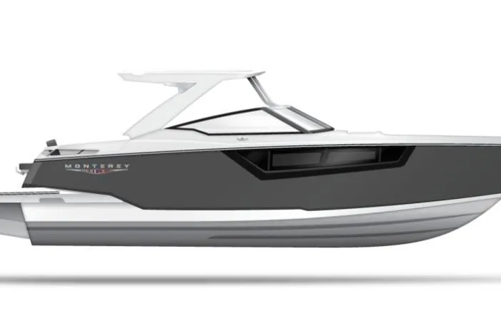 Slide: The Image of 2026 Monterey 385SS Super Sport boat, sleek design, side view, black and white color scheme. - 7