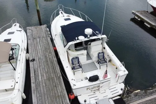 Slide: The Image of 2001 Tiara Yachts 3100 Open docked, featuring spacious deck and seating area. - 4