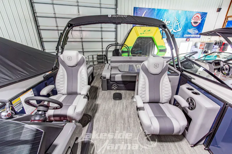 Slide: The Image of 2026 Godfrey Monaco 255 MTF boat interior with luxurious seating and modern design. - 18