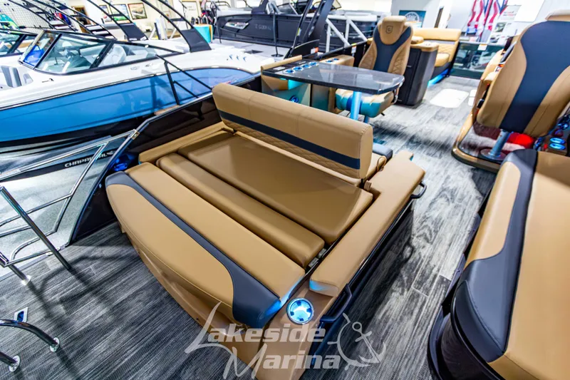 Slide: The Image of 2026 Godfrey Monaco 255 MTF luxury boat interior with plush seating and modern design. - 36