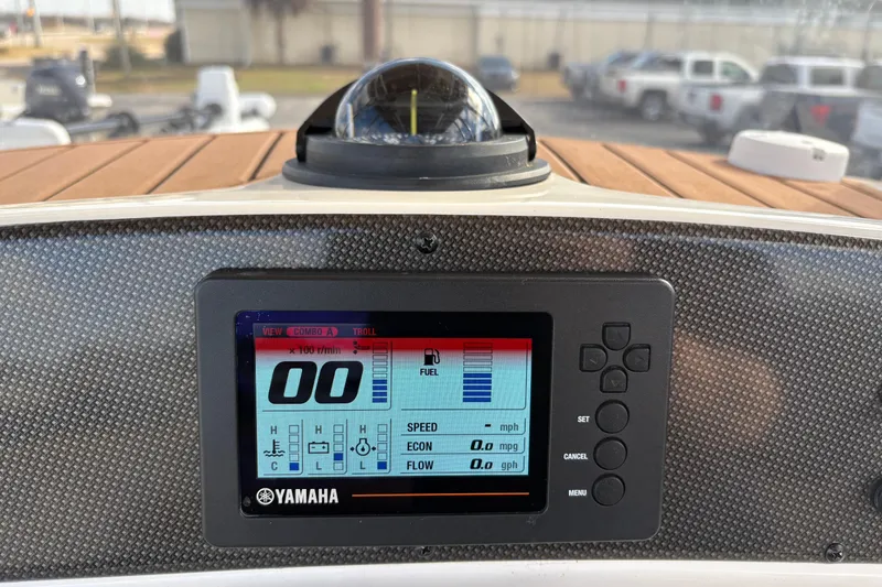 Slide: The Image of Yamaha display on 2020 Pioneer 222 Sportfish boat dashboard, showing speed and fuel data. - 17