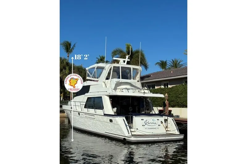 Slide: The Image of 2007 Pama 540 LX Pilothouse yacht docked, featuring "Karma" nameplate, palm trees, and clear sky. - 3