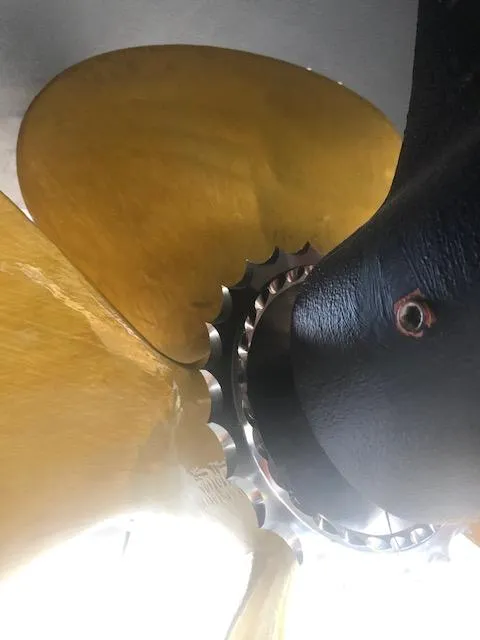 Slide: The Image of Close-up of a 2007 Pama 540 LX Pilothouse boat propeller. - 48