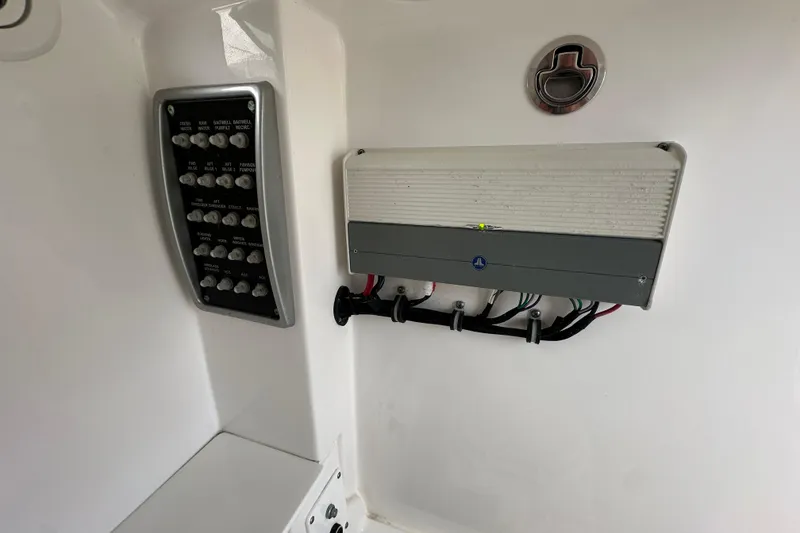 Slide: The Image of 2015 Everglades 295 Center Console electrical panel and wiring detail. - 39