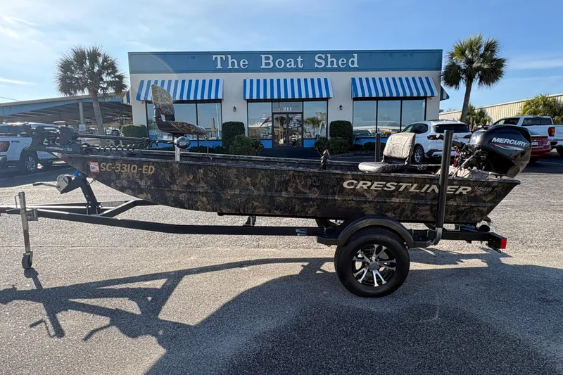 Slide: The Image of 2022 Crestliner 1546 Retriever boat on trailer outside The Boat Shed dealership. - 6