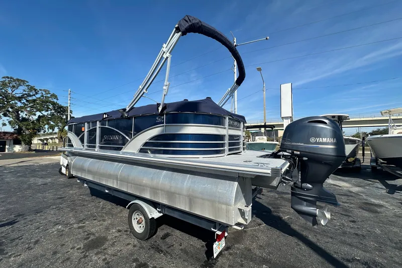 Slide: The Image of 2018 Sylvan Mirage Cruise 8520 pontoon boat with Yamaha outboard motor on trailer. - 3