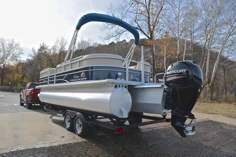 Slide: The Image of 2019 Sun Tracker Party Barge 22 XP3 pontoon boat with Mercury outboard motor on trailer. - 12