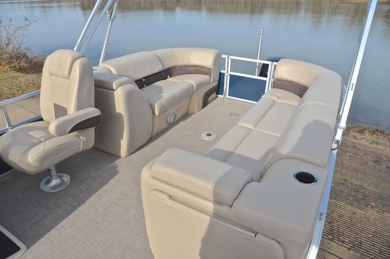 Slide: The Image of 2019 Sun Tracker Party Barge 22 XP3 with spacious seating on a calm lake. - 23