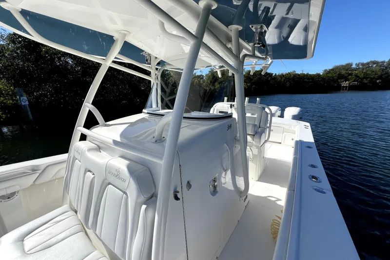 Slide: The Image of 2018 Regulator 34 Center Console boat on calm water, featuring sleek white design. - 22