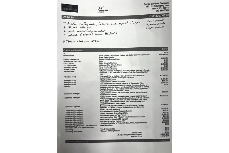 Slide: The Image of 2018 Regulator 34 Center Console boat pricing and options sheet with handwritten notes. - 60