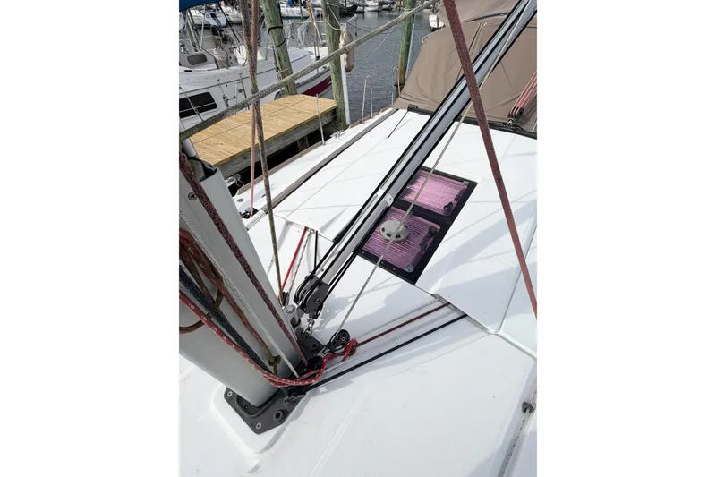 Slide: The Image of 2013 Jeanneau Sun Odyssey 409 sailboat deck with rigging and hatch details. - 11