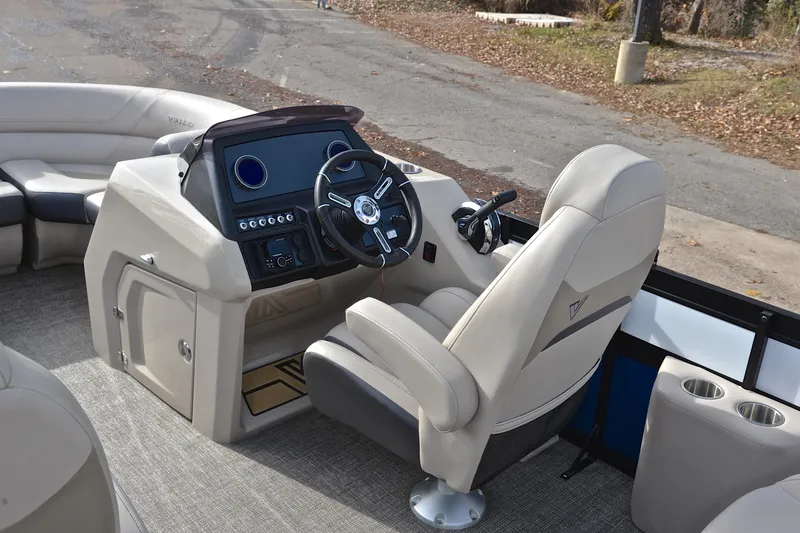 Slide: The Image of Luxurious 2022 Viaggio Diamante Q boat interior with modern steering console and comfortable seating. - 27