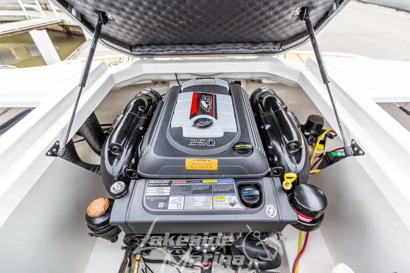 Slide: The Image of 2025 Chaparral 21 SSi boat engine compartment with Mercury 4.5L 250 horsepower engine. - 17