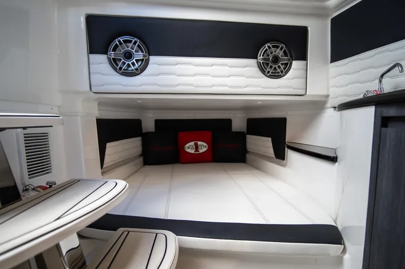 Slide: The Image of Interior of 2025 Cigarette 41 Nighthawk boat with modern seating and audio system. - 15