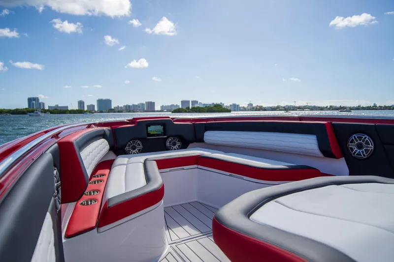 Slide: The Image of Luxurious interior of 2025 Cigarette 41 Nighthawk boat with city skyline view. - 18