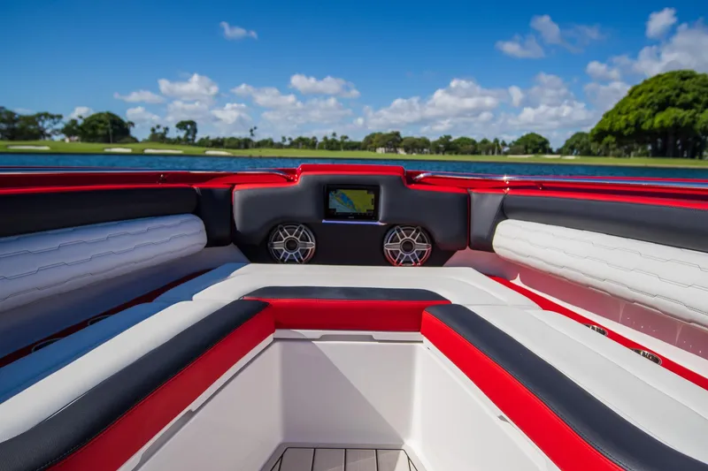Slide: The Image of Interior of 2025 Cigarette 41 Nighthawk boat with red and white seating. - 28