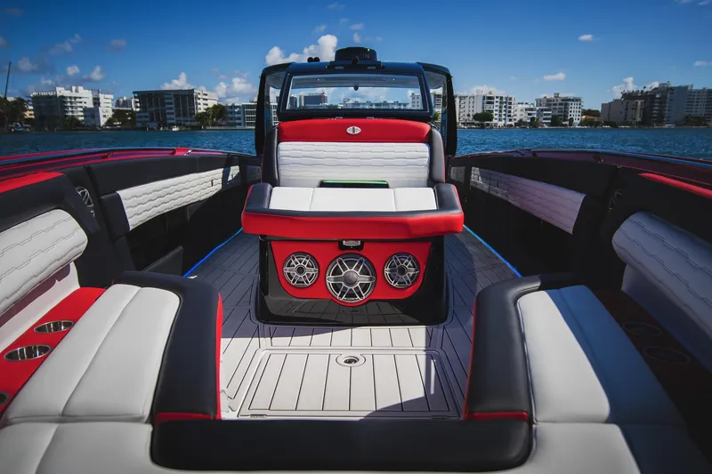 Slide: The Image of 2025 Cigarette 41 Nighthawk boat interior with luxurious seating and modern design. - 29