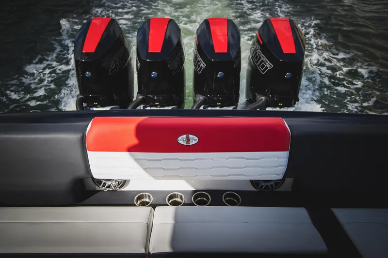 Slide: The Image of 2025 Cigarette 41 Nighthawk boat with four powerful engines on water. - 7