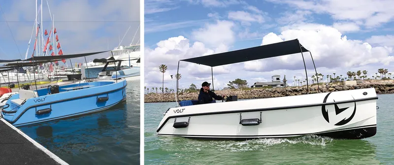 Slide: The Image of 2023 Vision Marine Technologies Volt 180 boats docked and cruising on water. - 6