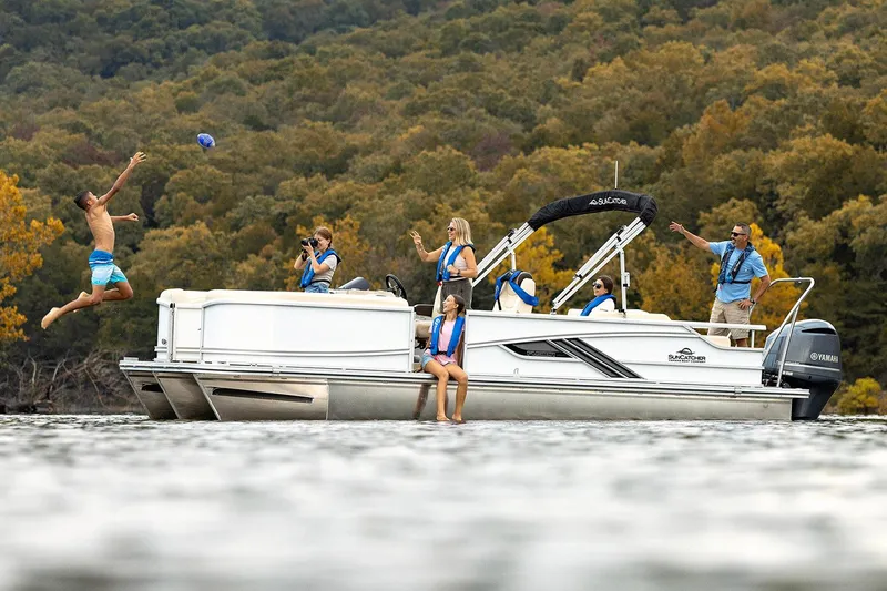Slide: The Image of Manufacturer Provided Image: People enjoying a day on a 2026 SunCatcher Fusion 324SL pontoon boat. - 10