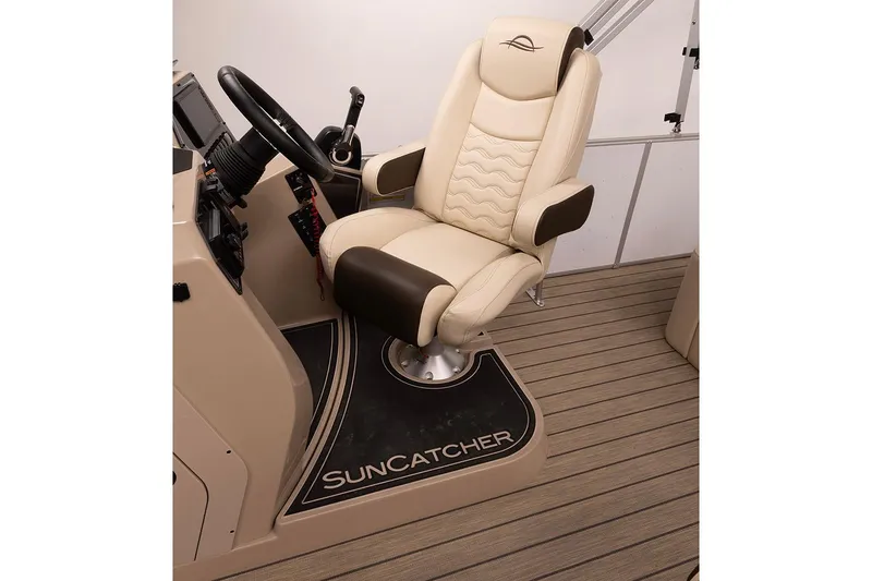 Slide: The Image of Manufacturer Provided Image: Luxurious captain's chair on 2026 SunCatcher Fusion 324SL boat, featuring elegant design and comfort. - 13