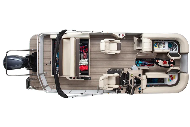 Slide: The Image of Manufacturer Provided Image: 2026 SunCatcher Fusion 324SL pontoon boat, top view, showcasing spacious seating and storage. - 17