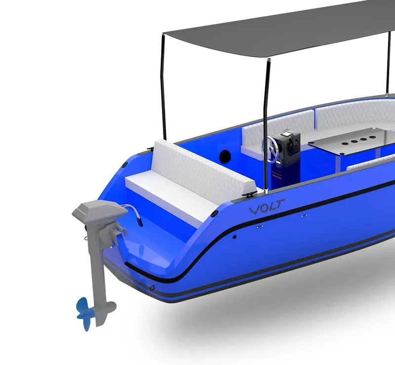 Slide: The Image of 2023 Vision Marine Technologies Volt 180 electric boat, blue exterior, modern design. - 7