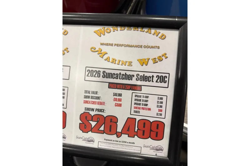Slide: The Image of 2026 SunCatcher Select 20C boat priced at $26,499 with discounts and rebates. - 1