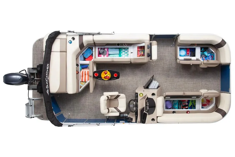 Slide: The Image of Manufacturer Provided Image: 2026 SunCatcher Select 20C pontoon boat interior layout with seating and storage compartments. - 15