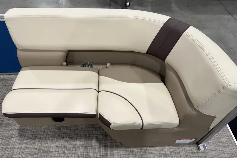 Slide: The Image of Luxurious SunCatcher Select 20C boat seating, 2026 model, featuring beige and brown upholstery. - 4