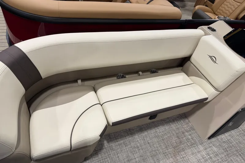 Slide: The Image of Luxurious seating on 2026 SunCatcher Select 20C pontoon boat, featuring elegant beige upholstery. - 7