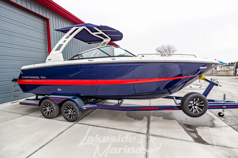 Slide: The Image of 2025 Chaparral 247 SSX boat on trailer at Lakeside Marina. - 1