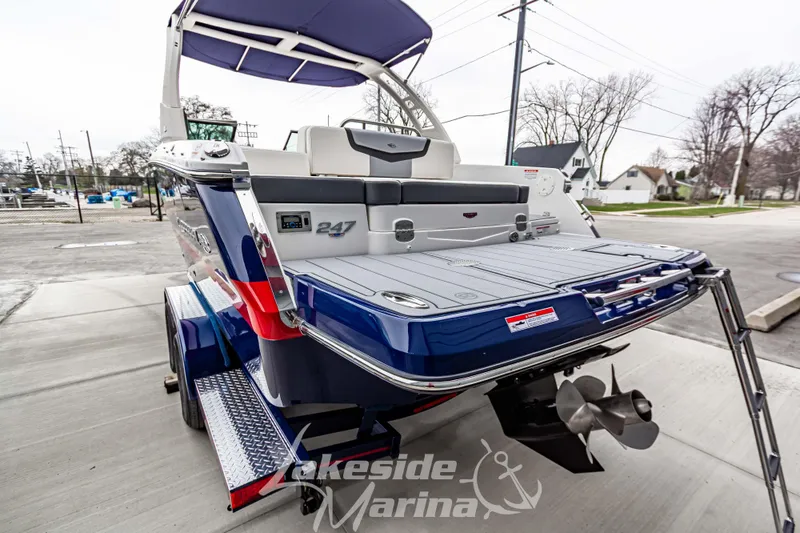 Slide: The Image of 2025 Chaparral 247 SSX boat on trailer at Lakeside Marina, rear view. - 6