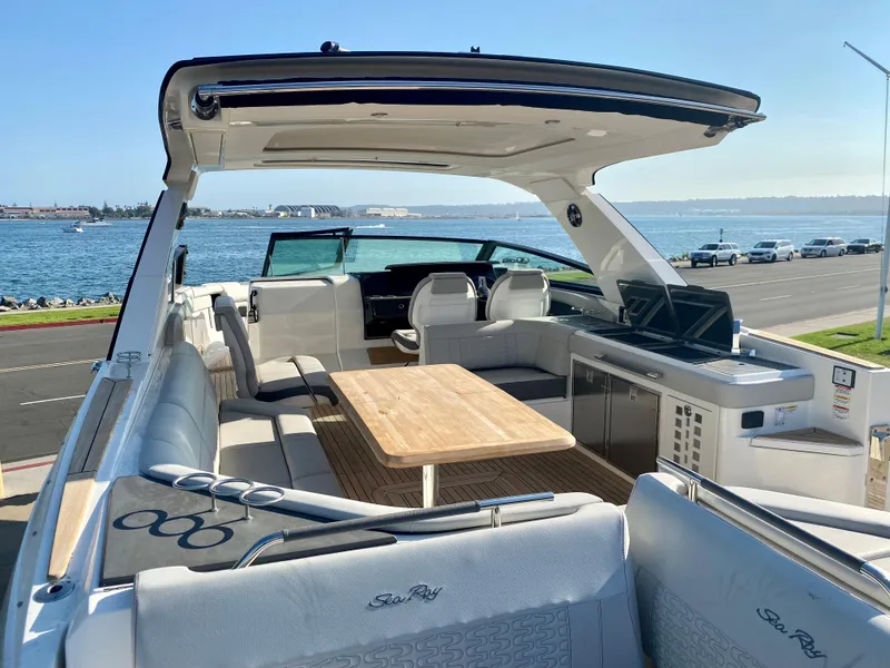 Slide: The Image of Luxurious 2021 Sea Ray SLX 400 Outboard boat with spacious deck and ocean view. - 6