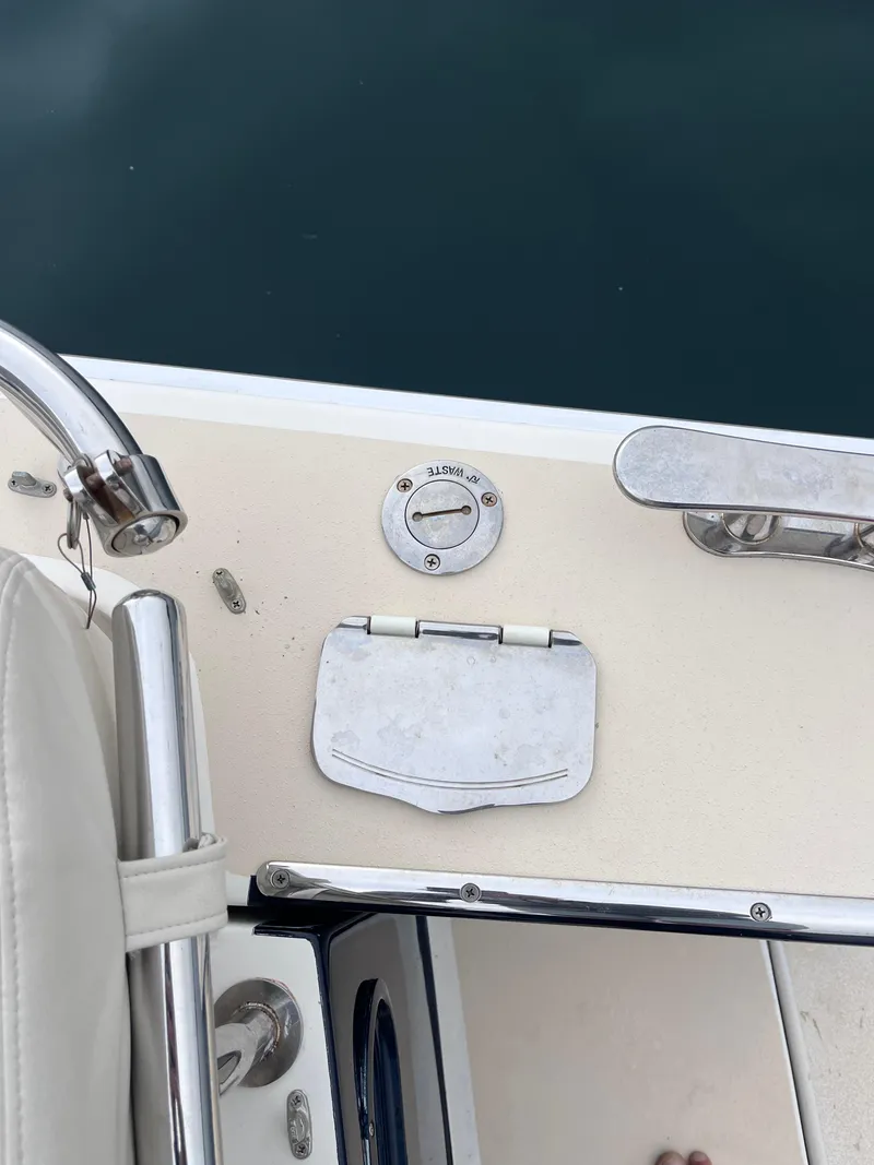 Slide: The Image of 2014 MJM 36z Downeast boat deck with metal fittings and hatch. - 33