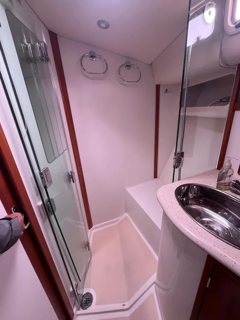 Slide: The Image of 2014 MJM 36z Downeast yacht bathroom with shower and sink. - 48