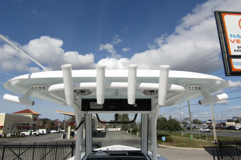 Slide: The Image of 2025 Sea Hunt Ultra 275 SE boat top view with rod holders and speakers. - 48