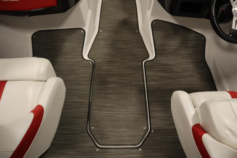 Slide: The Image of 2018 Four Winns H190 boat interior with white and red seating, sleek flooring. - 28