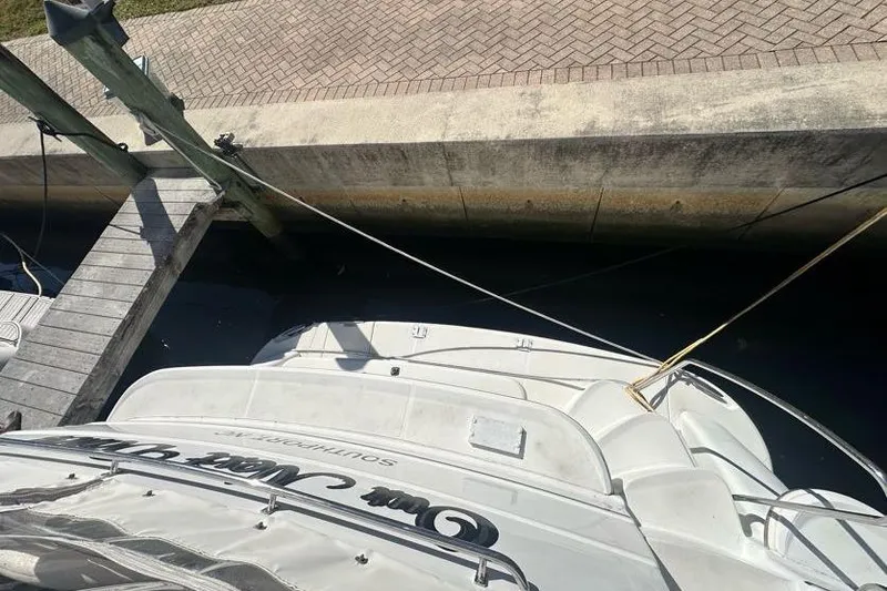 Slide: The Image of Overhead view of a 2001 Carver 396 Motor Yacht docked at a marina. - 10