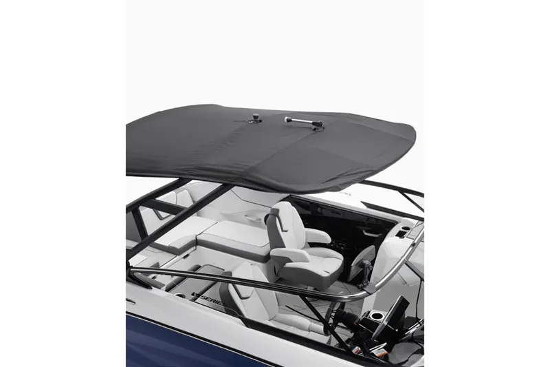 Slide: The Image of 2025 Yamaha Boats 252XE with sleek canopy and modern seating design. - 13