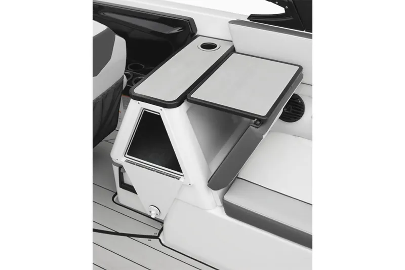 Slide: The Image of 2025 Yamaha Boats 252XE interior with sleek seating and storage area. - 16