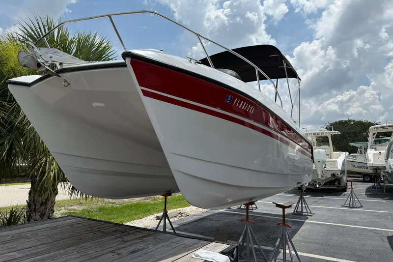 The Image of 1997 Glacier Bay 260 Canyon Runner catamaran on stands, under a cloudy sky. - 1
