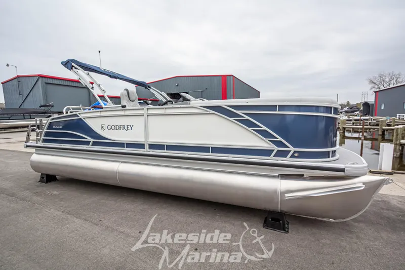 The Image of 2025 Godfrey Monaco 235 SFL pontoon boat at Lakeside Marina, featuring sleek design. - 1
