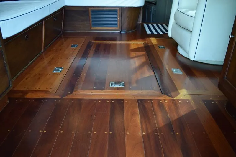 Slide: The Image of Interior of a 1960 Rybovich Sportfisherman with wooden flooring. - 6